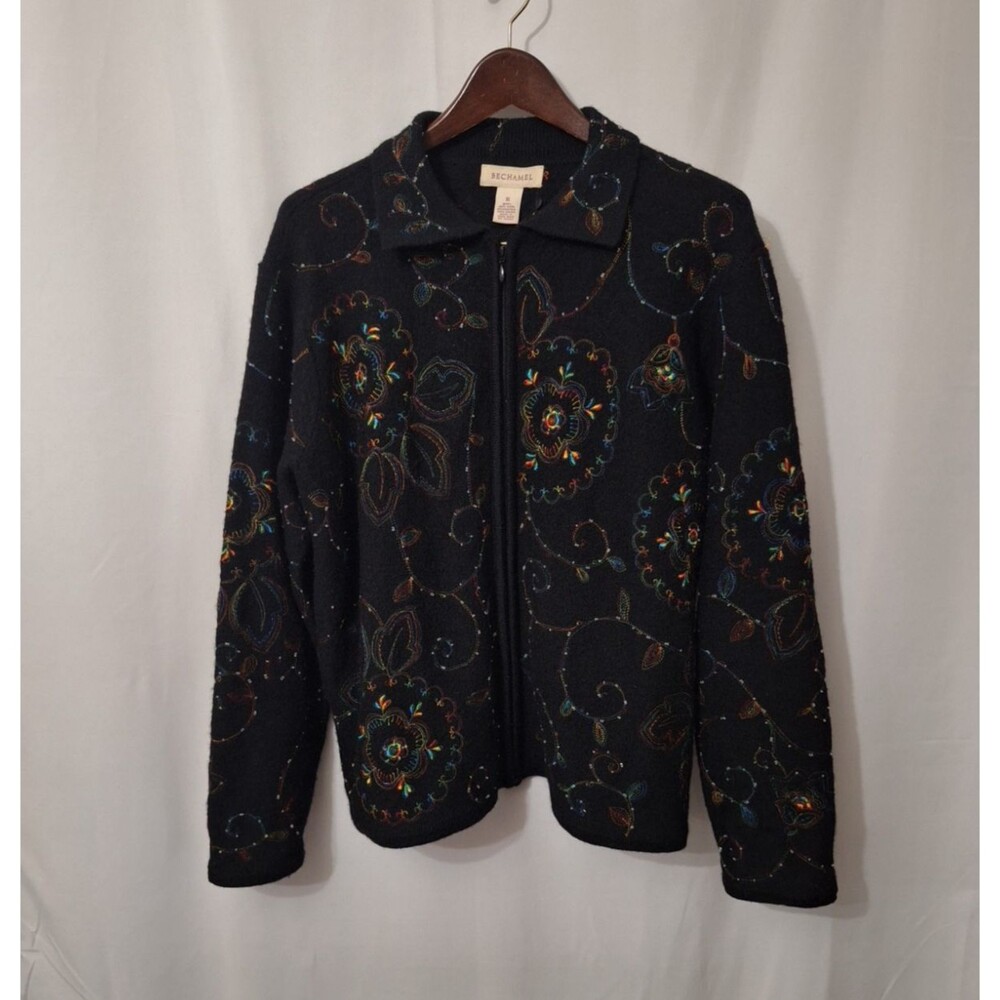 Bechamel Floral Embroidered Wool Cardigan Sweater Cottagecore Knit Grandma Sz XL